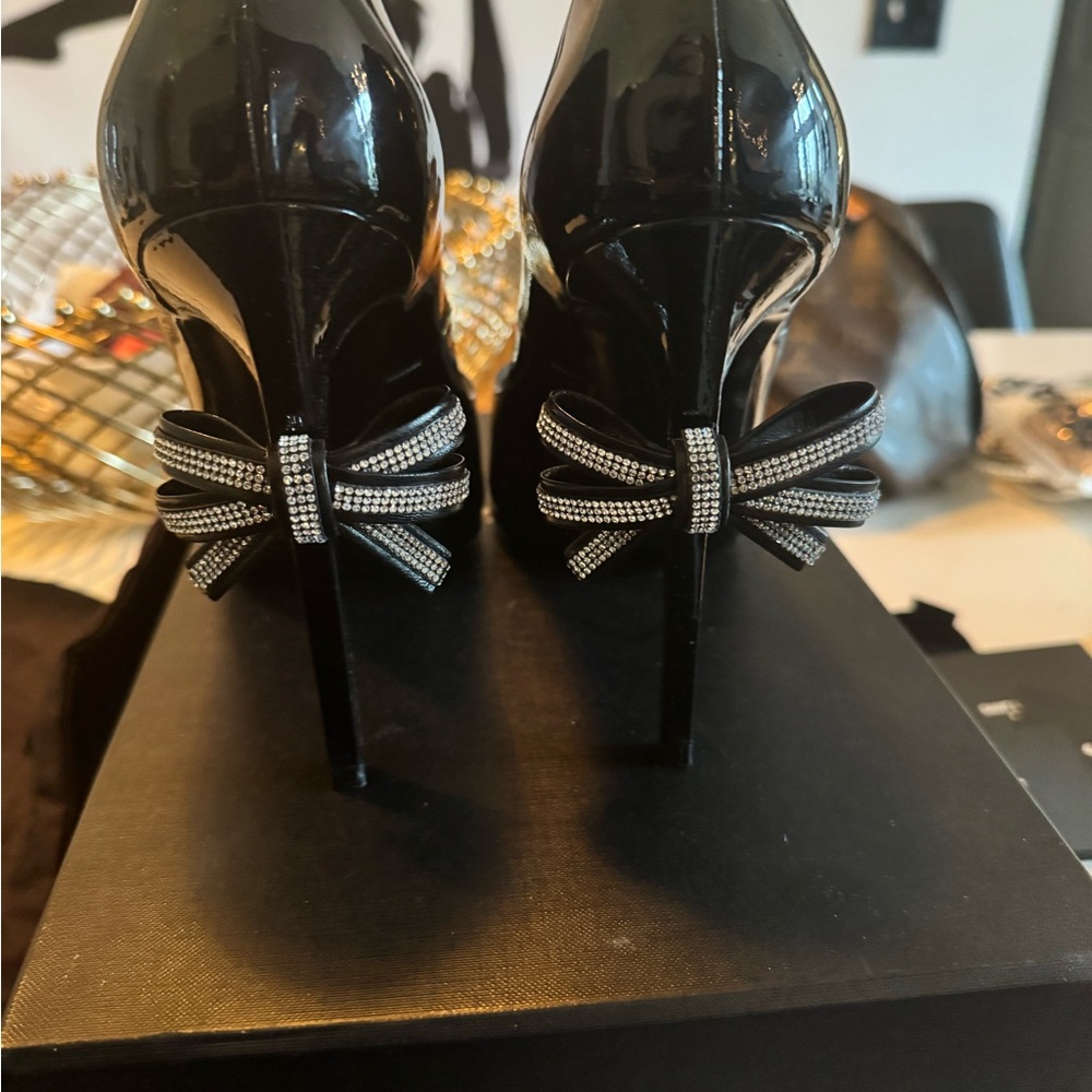 Saint Lauren Black Patent Stiletto Heels with Swarovski Bow Accent